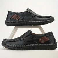 Men's Loafers Leather Hand-Stitched Casual Shoes Non-Slip Wear-Resistant_Black